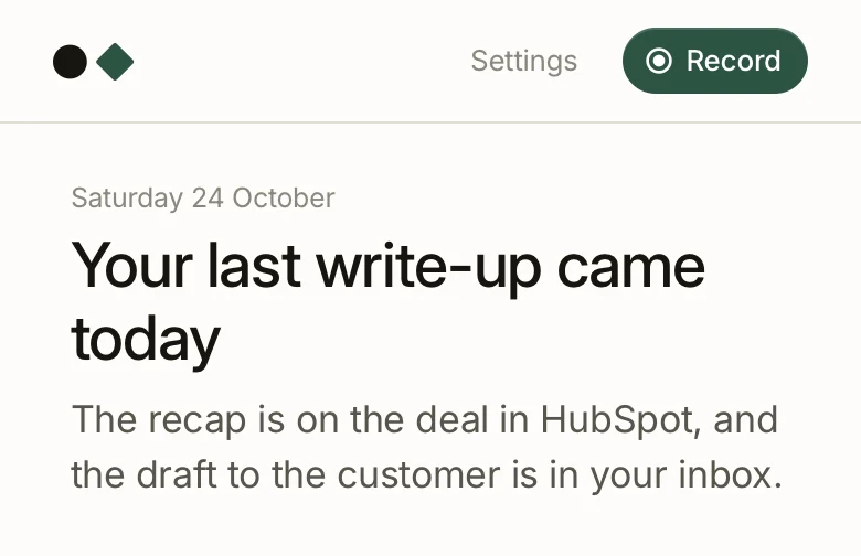 A rep’s page in Avo: your last write-up came today. The recap is on the deal in HubSpot, and the draft to the customer is in your inbox.
